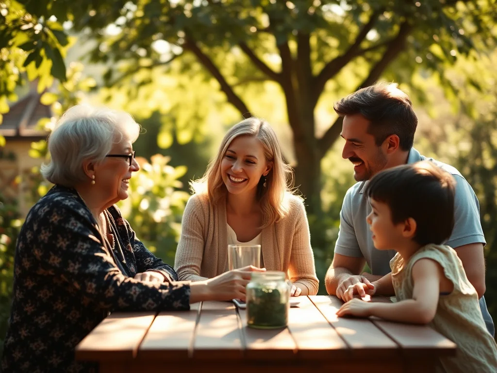 Illustration : trois générations d'une famille réunies autour d'une table de jardin, sous la lumière du soleil filtrée par les feuilles