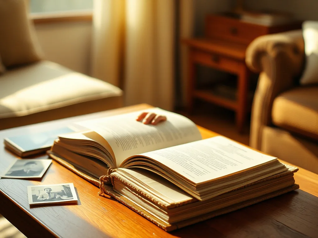 Illustration : un livre relié ouvert sur une table de salon, quelques photographies anciennes posées à côté, en pleine lumière du jour